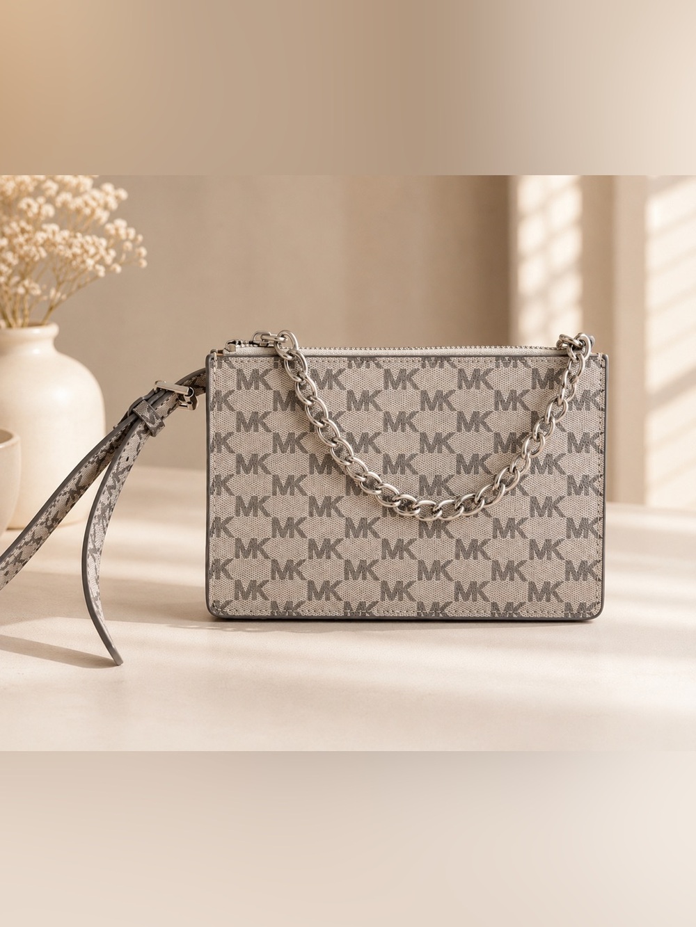 Michael Kors Taupe MK Logo Fanny Pack with Silver Chain XL